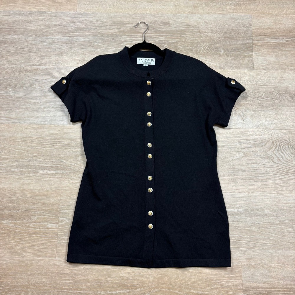 St. John Santana Knit Button Front Blouse Women's 12 Color Black